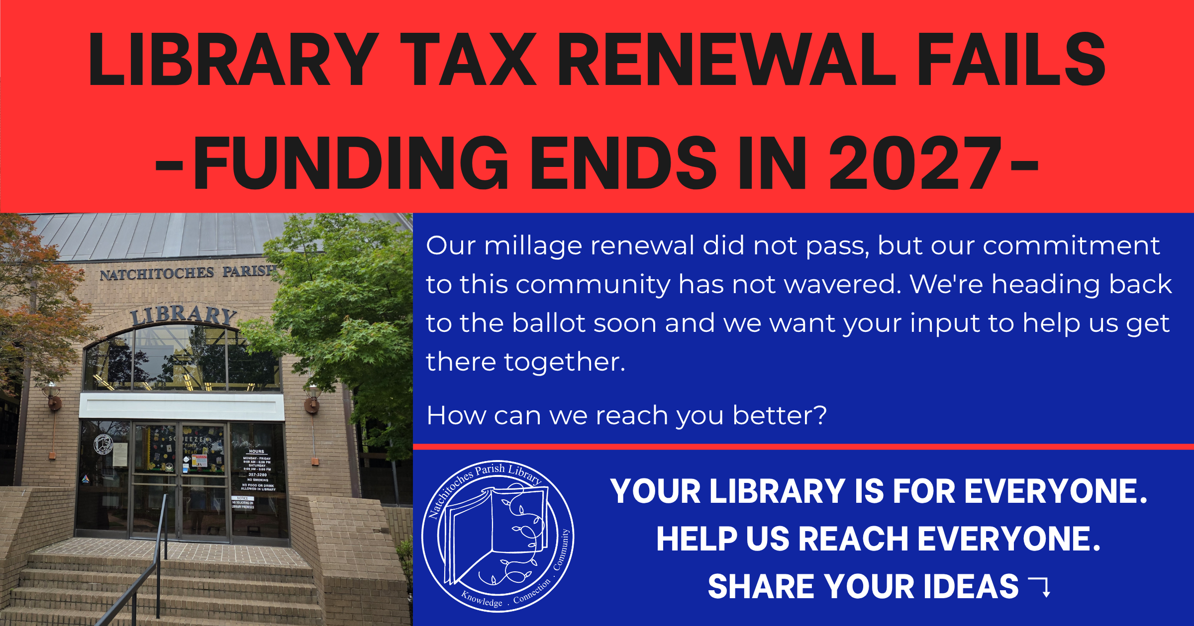 Library Funding Renewal Fails: funding ends in 2027. We're heading back to the ballot soon and are seeking the publics input on how to reach our parish better. Share your ideas by email at vote@natlib.org.